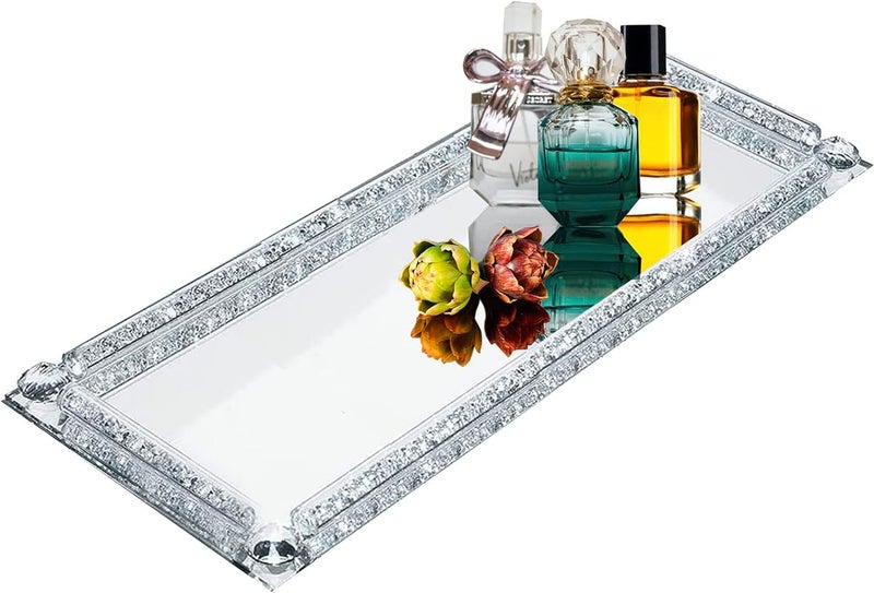 LFGKeng Crystal Glass Serving Tray, Crushed Diamond Filled Modern Glass Mirror Jewelry Trinket Tray, 13.7" x 5.9" Rectangular Makeup Perfume Tray for Bedroom Dresser, Home Decor, Banquet,Party(Silver) - Image 1